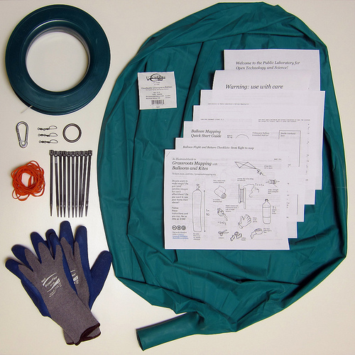 The Public Laboratory sells balloon mapping kits such as these, with a large balloon and adhesives for a camera, to equip citizens with supplies for crowd-sourced knowledge-making.