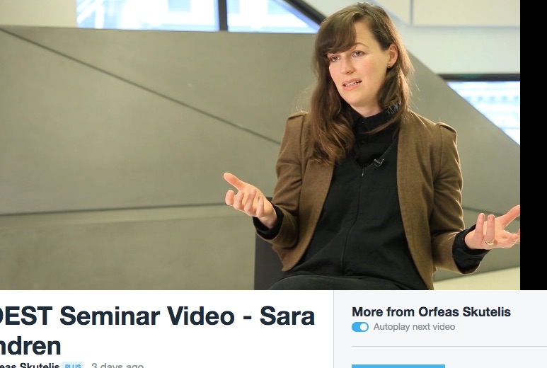 A video still of Sara speaking about her work.