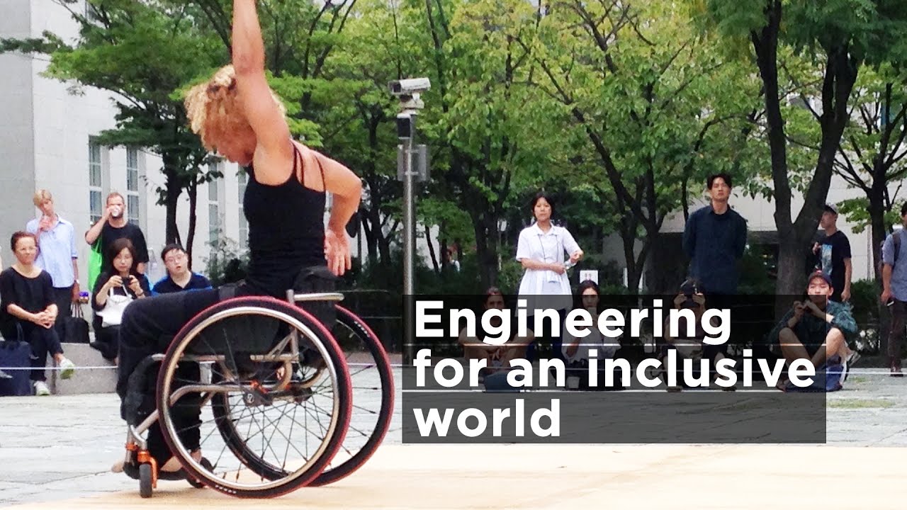 a still from the video showing Alice Sheppard mid-dance in Seoul, with Engineering for an Inclusive World in type