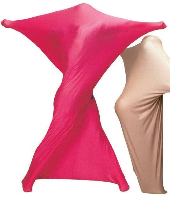 Two body socks are occupied by wearers in a placeless white background. Image shows prospective users their range and reach of stretch in the fabric "envelope."