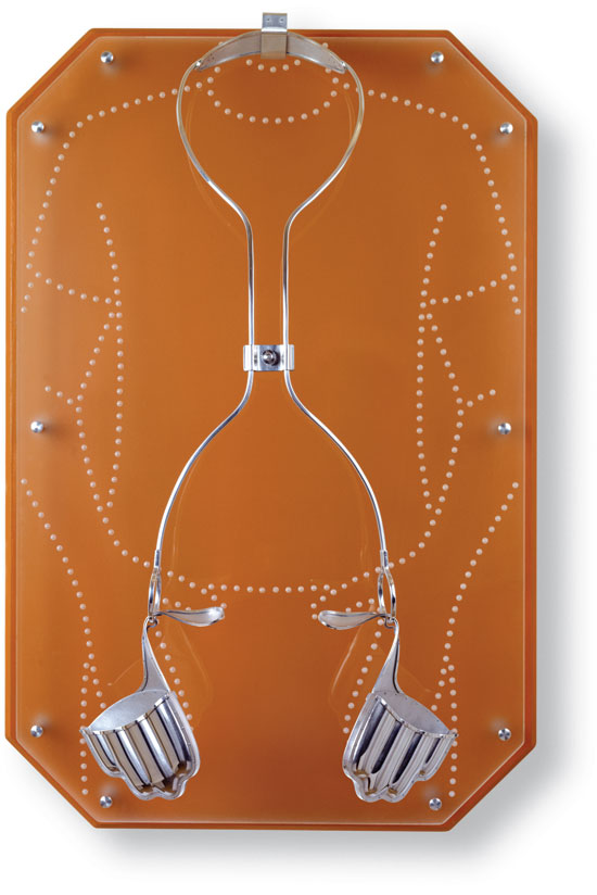 A warm-colored acrylic backboard for the unguarded gesture described above—with an etched surface that semi-reflects the wearer.