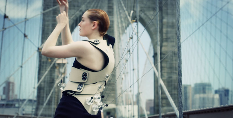 A close up of the vest with its retractable strings and sound devices.