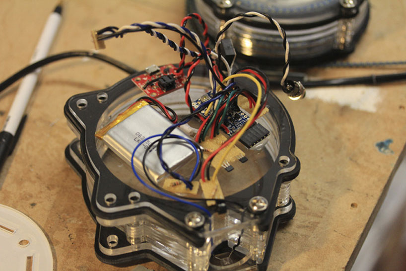 A close up of the human harp's electronics module