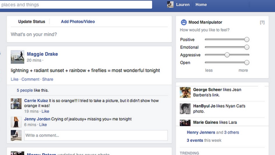 a close up of the widget on McCarthy's own Facebook feed, with sliders for "less" and "more" of the answers to the question: How would you like to feel? (positive, emotional, aggressive, open)