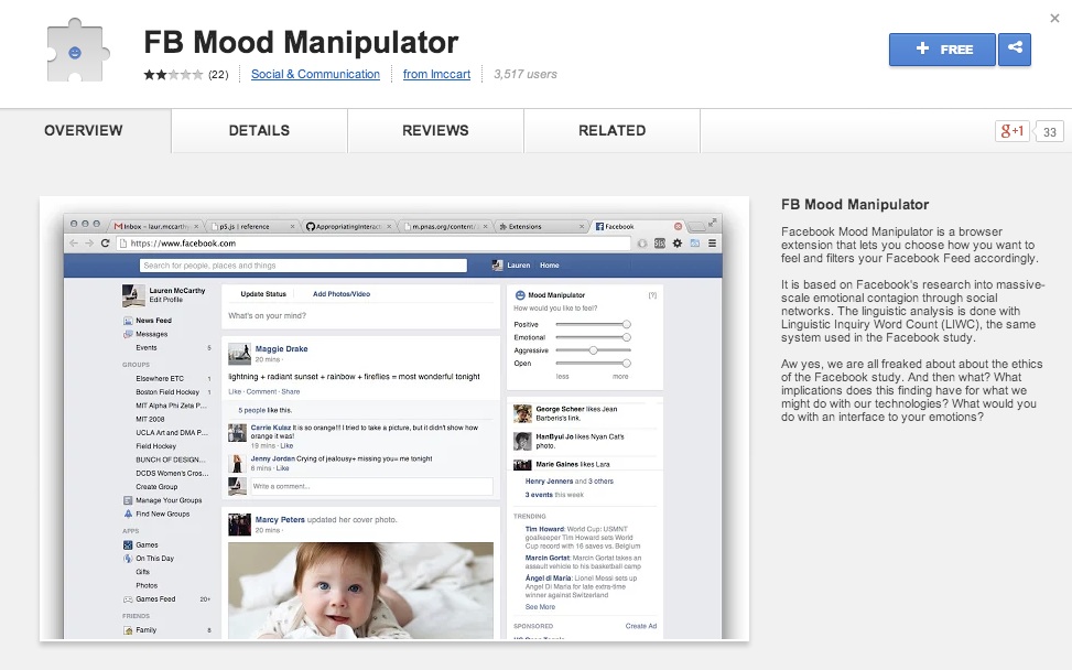 a screenshot of the Mood Manipulator at the app store: saying it lets you "choose how you want to feel and to filter your Facebook feed accordingly."