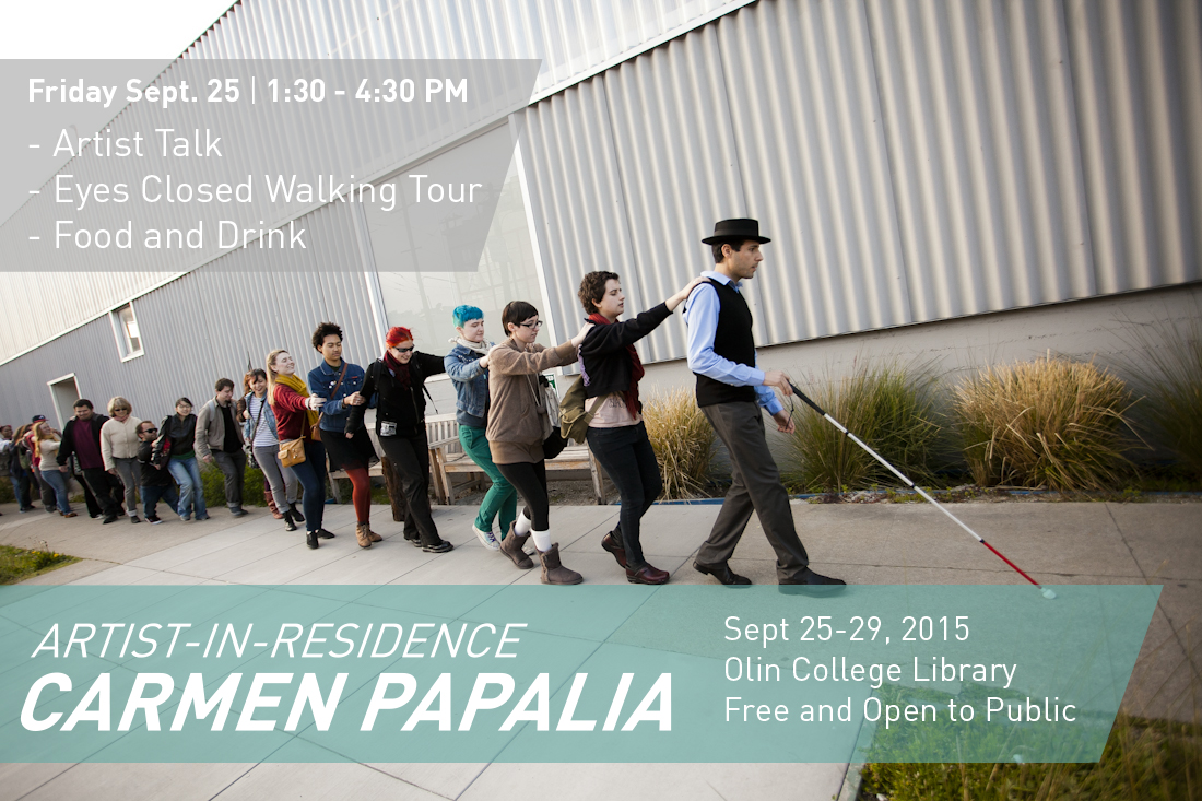 An image of Carmen's "blind field shuttle" work, in which he leads eyes-closed walking tours for large groups. With information about the residency:  9/25 from 1:30-4:30, in the Olin Library.