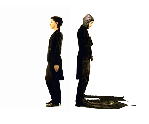 A photograph of the same woman, back to back: at left, in street clothes with a long blazer overcoat, and knee-length skirt over long pants in black. At right, the lower portion of the skirt unzips to become a prayer rug, and a head covering has been extracted from the blazer.