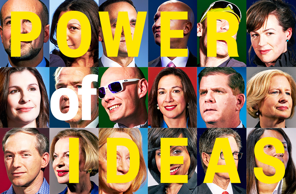 Thumbnail portraits from the Boston magazine story, overlaid by text reading "POWER OF IDEAS."