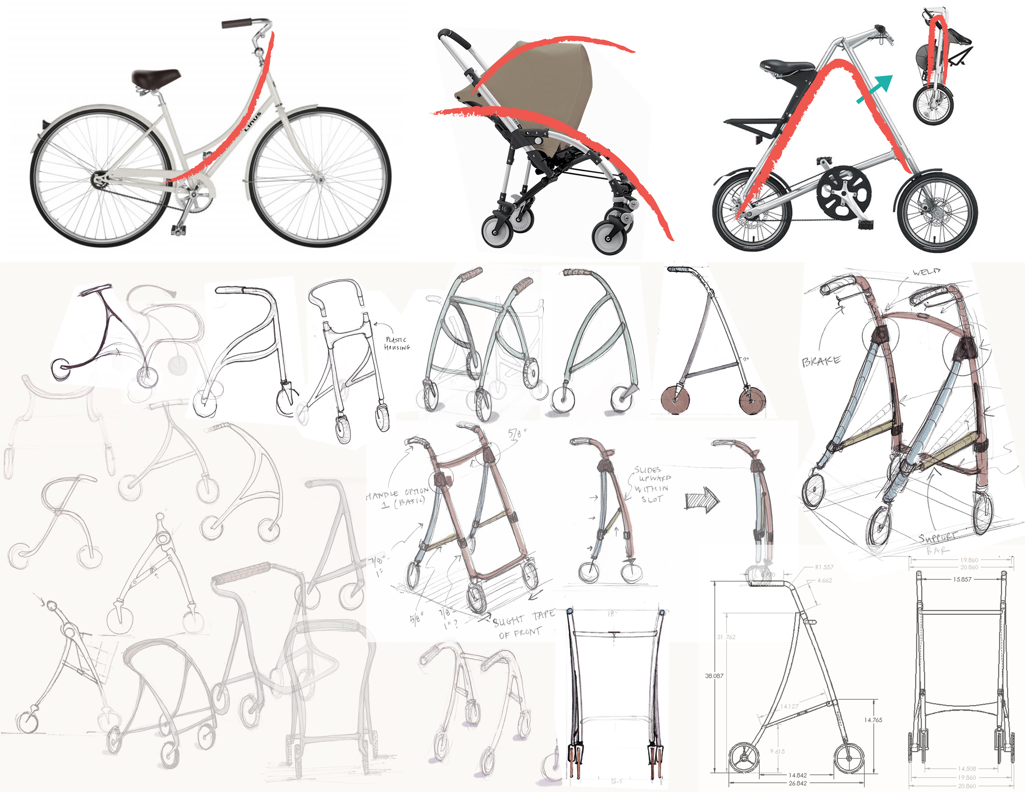 A drawing with 2 dozen or so sketches and images of wheeled gear, with directional red lines indicating their axes of movement. Bikes, strollers and all forms of walker prototypes.