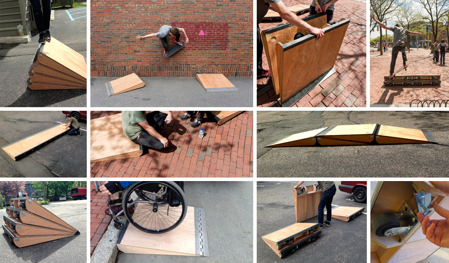 A montage of images shows Hendren's Slope: Intercept project with its original set of five modular single-step ramps, made of wood, metal casters, leveling feet, and a piano hinge on each. The ramps stack and nest and combine in multiple ways; in these images they're in use by both skateboarders and wheelchair users.
