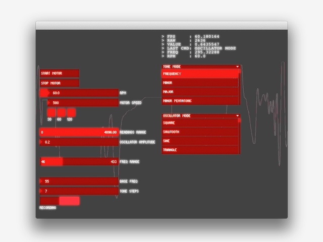 Screenshot of the program's workings, showing translated graphic sound waves based on the surface qualities of the suspended object. 