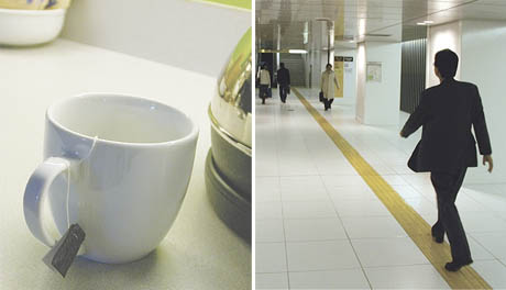 A diptych: a tea mug with the bag's string wrapped around its handle. A man walking on a narrow stripe pattern on the floor.