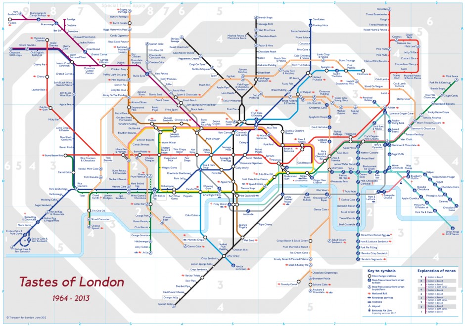 Image showing the complete London tube map, with stops marked by tastes.