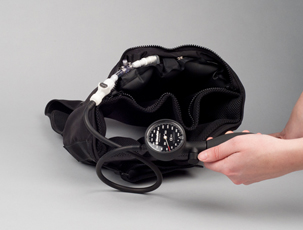 A close up of the pump mechanism, attached by cord to the body of the vest.