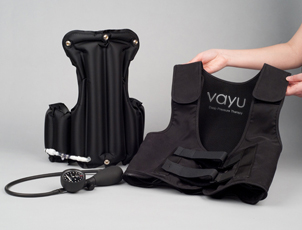 A front and back view of the vest. The pressure, when inflated, is distributed in vertical chambers around the front and back of the vest.