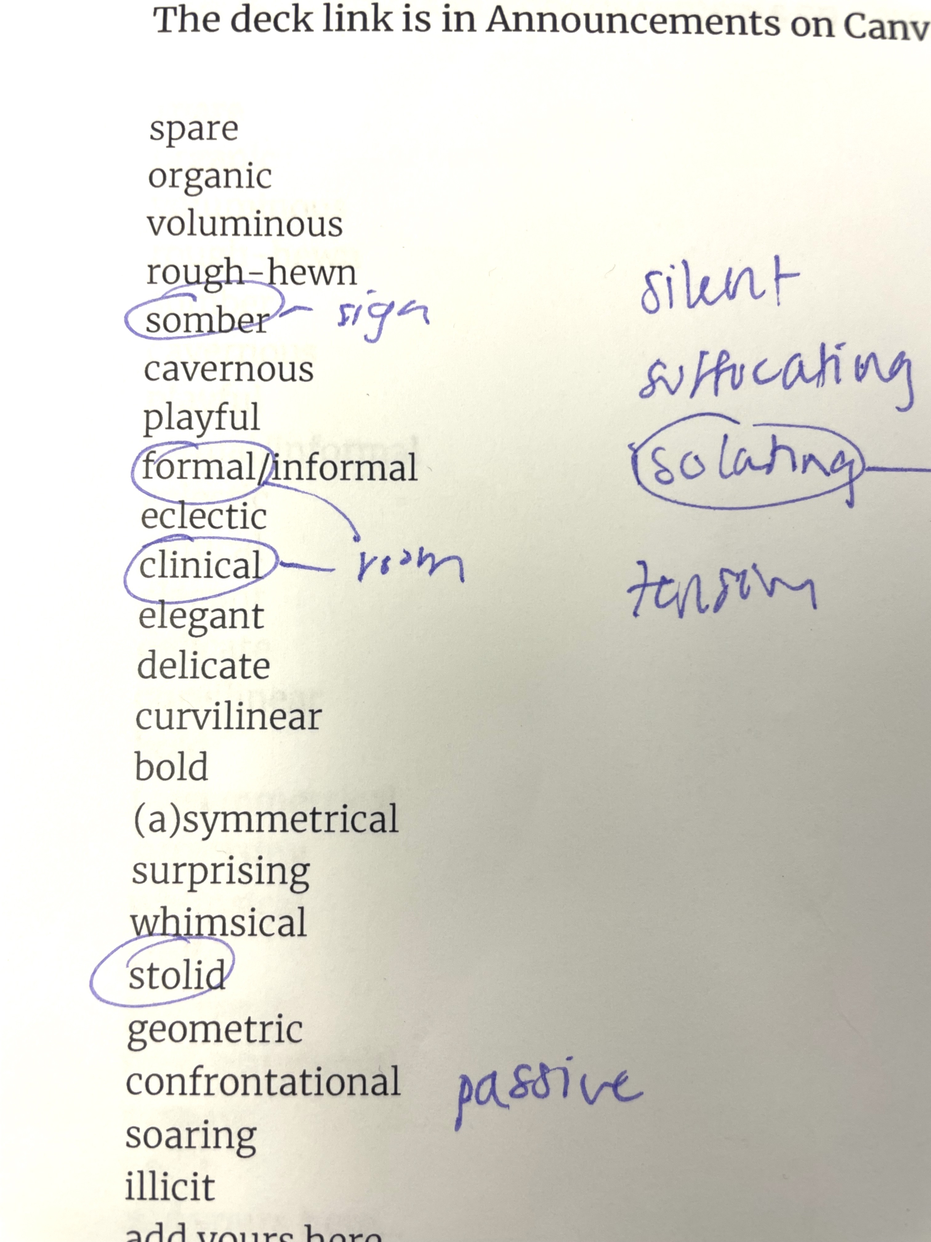 a list of words in a column like "clinical" and "elegant" and "stolid," to which my student has added handwritten circles around some words and her own "silent," "suffocating," and others.jpeg